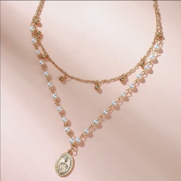 Gold Layered Pearl Oval Religious Medal Necklace - Picture 3 of 6